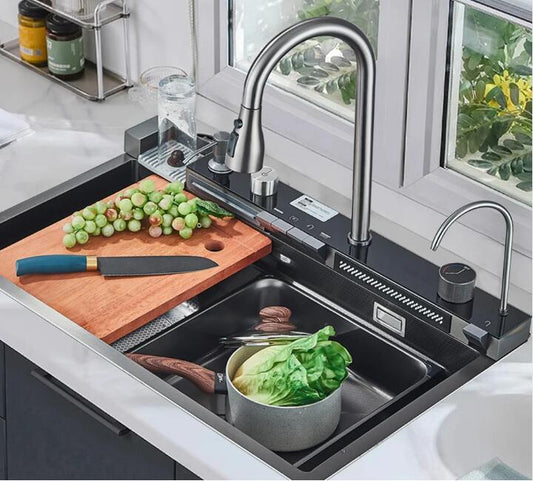 Free Shipping Kitchen Sink,304 Stainless Steel Built-in Kitchen Sink,Whale Waterfall Sink Large Single Sink,Intelligent Digital Display Water Faucet