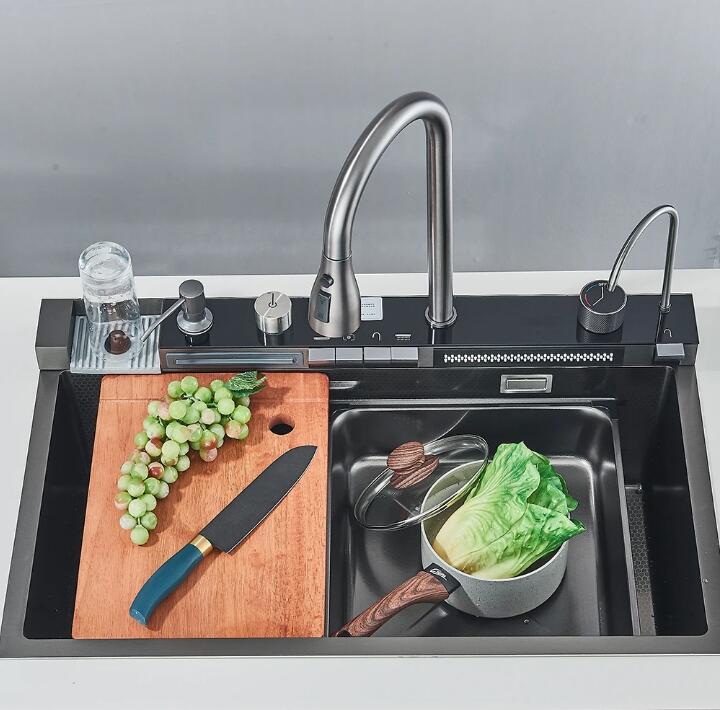 Free Shipping Kitchen Sink,304 Stainless Steel Built-in Kitchen Sink,Whale Waterfall Sink Large Single Sink,Intelligent Digital Display Water Faucet